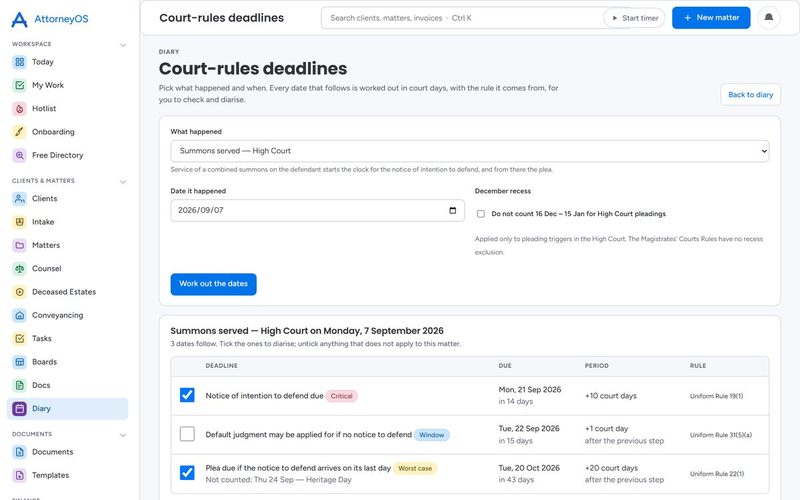 The court-rules deadline engine working out every date that follows a summons, each with the rule it comes from
