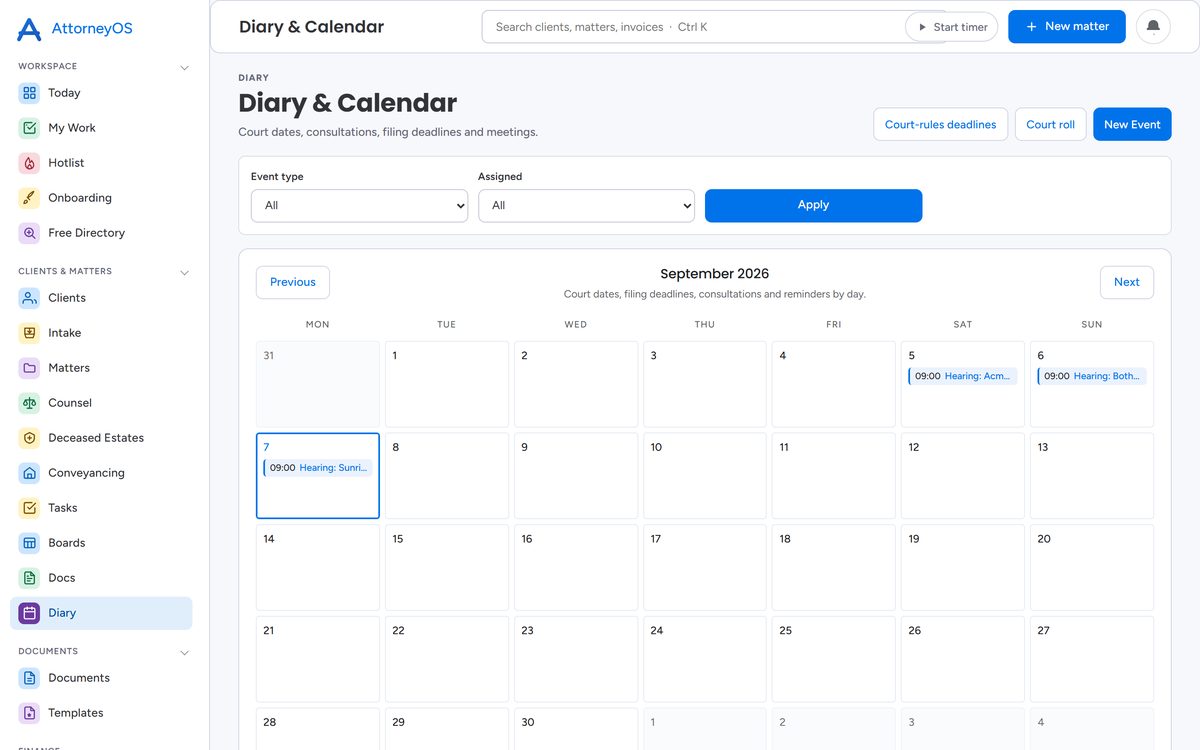 The AttorneyOS diary with court dates, deadlines and the court-day calculator
