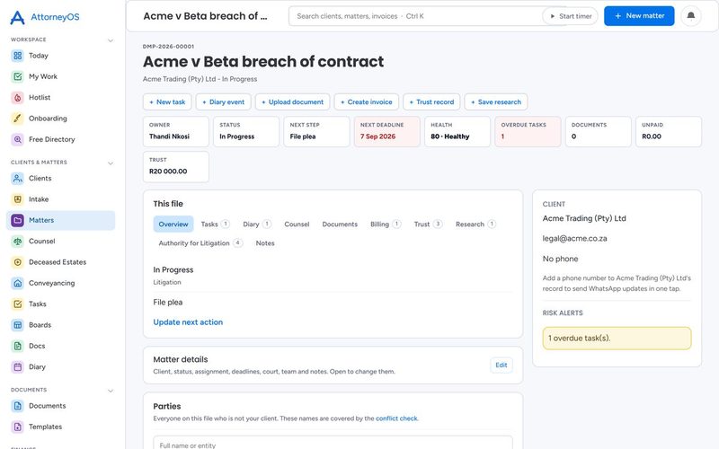A matter page: owner, status, next step, next deadline, documents, unpaid fees and trust held
